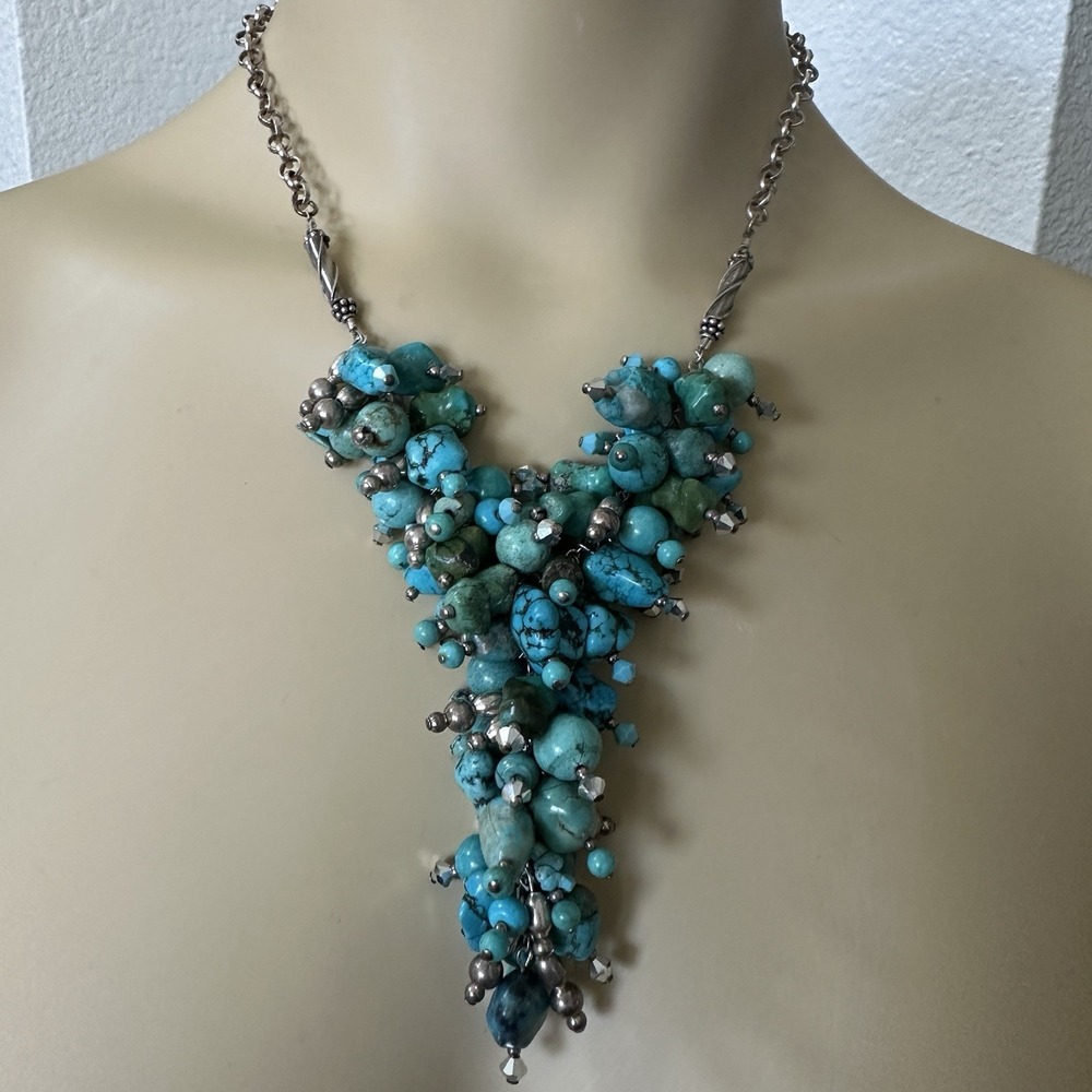 Vintage Artisan Cha Cha Beaded Necklace 17 Inch Turquoise Southwestern Sterling